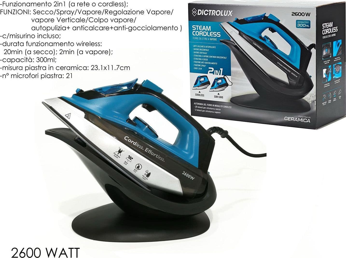 Ferro da stiro a vapore 2600W con caldaia piastra in ceramica cordless - 6