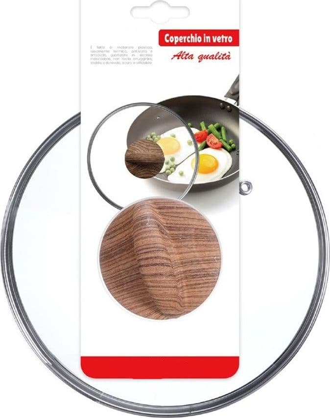 COPERCHIO IN VETRO TEMPERATO PER PENTOLA PADELLA RICAMBIO Ø16 A 32CM POMELLO EFFETTO LEGNO - 12