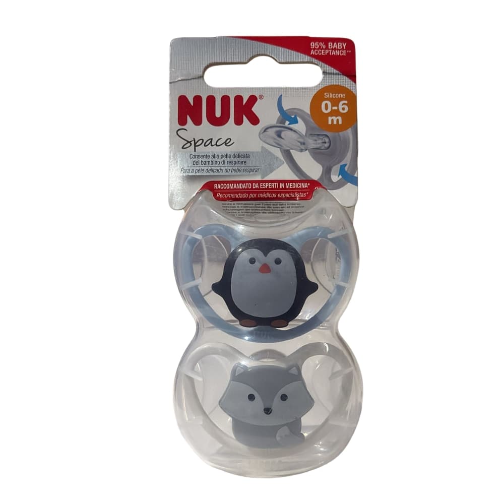 SUCCHIETTO NUK SPACE Silicone 0-6  2PZ – Pinguino/Lupo