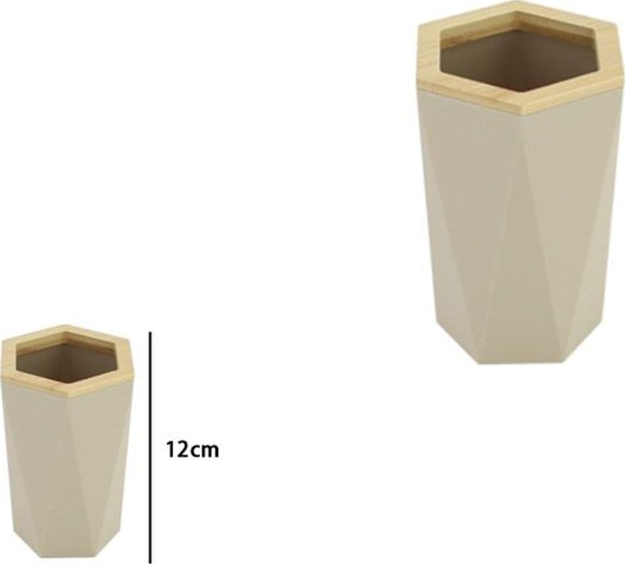 BICCHIERE PORTA SPAZZOLINI A CILINDRO ESAGONALE GEOMETRICO BEIGE LEGNO DA BAGNO 10842 - 3