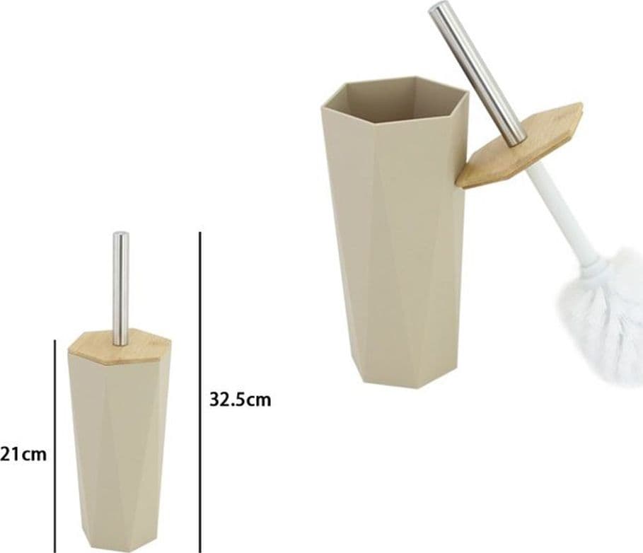 PORTA SCOPINO ESAGONALE GEOMETRICO BEIGE LEGNO CON SCOPETTINO SPAZZOLONE WC BAGNO 10844 - 3