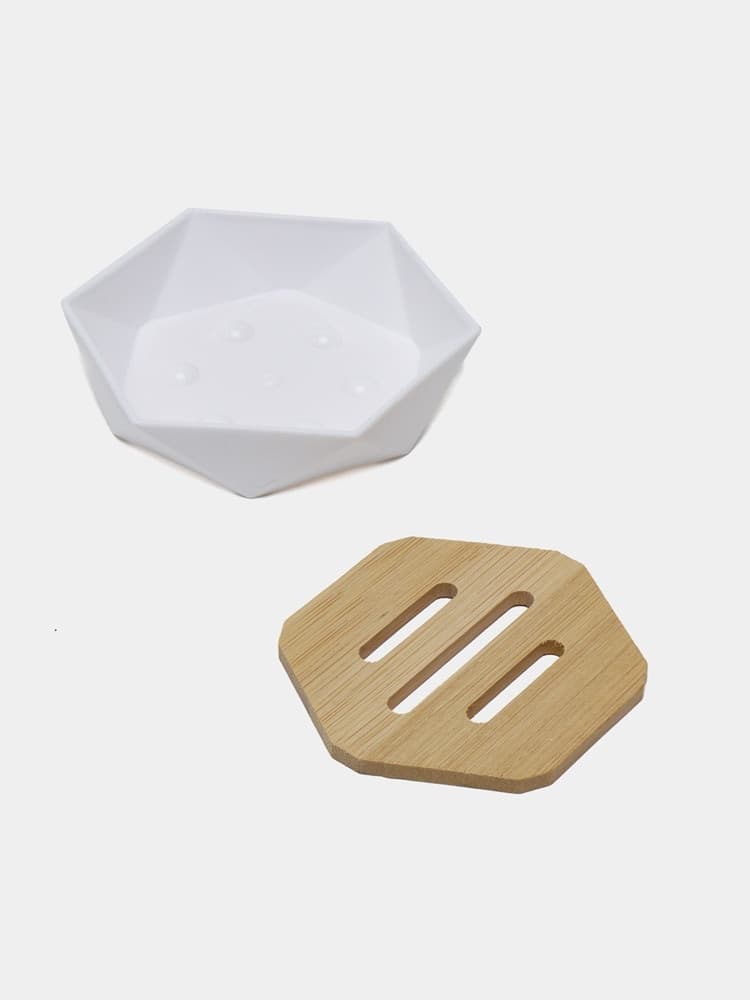 PIATTINO PORTA SAPONE SAPONETTA FORMA ESAGONALE GEOMETRICO BIANCO LEGNO DA BAGNO 10838 - 15