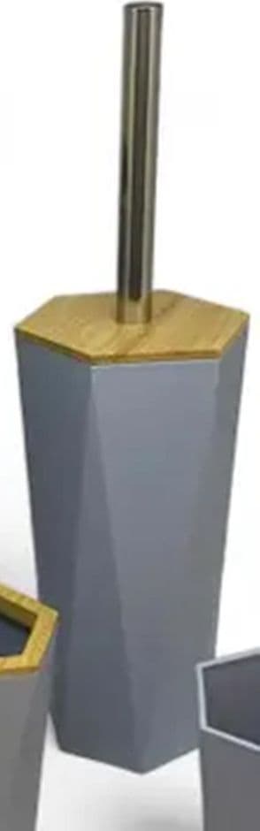 PORTA SCOPINO ESAGONALE GEOMETRICO GRIGIO LEGNO CON SCOPETTINO SPAZZOLONE WC BAGNO 10849 - 6