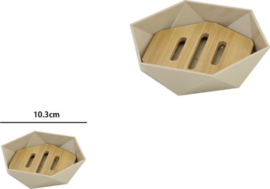 PIATTINO PORTA SAPONE SAPONETTA FORMA ESAGONALE GEOMETRICO BEIGE LEGNO DA BAGNO 10843 - 3