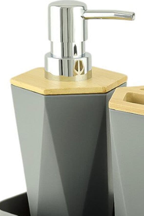 DISPENSER SAPONE LIQUIDO A CILINDRO ESAGONALE GEOMETRICO GRIGIO LEGNO DA BAGNO 10846 - 4