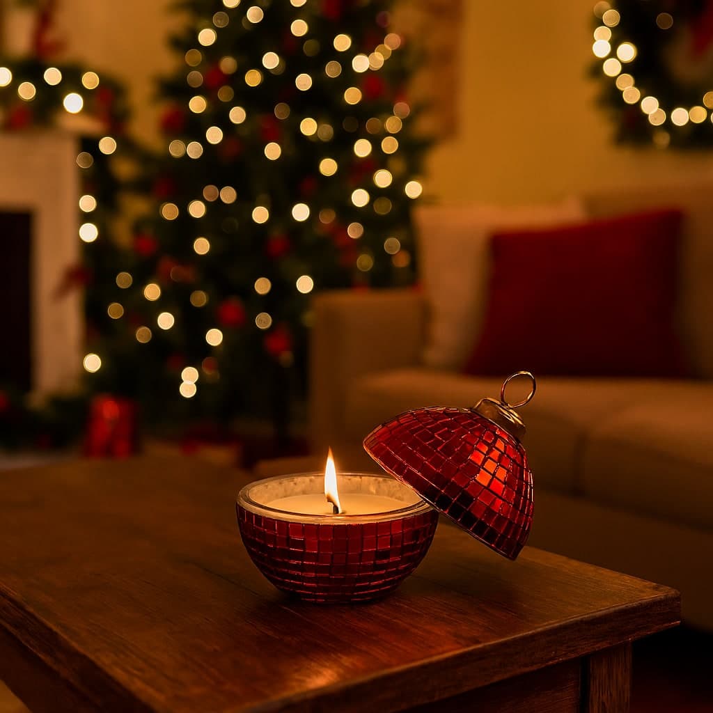Candela profumata in cofanetto palla di vetro rossa per decorazioni natalizie Ø 8 cm in Diffusori di oli essenziali Decor Space - Altamura, commercioVirtuoso.it