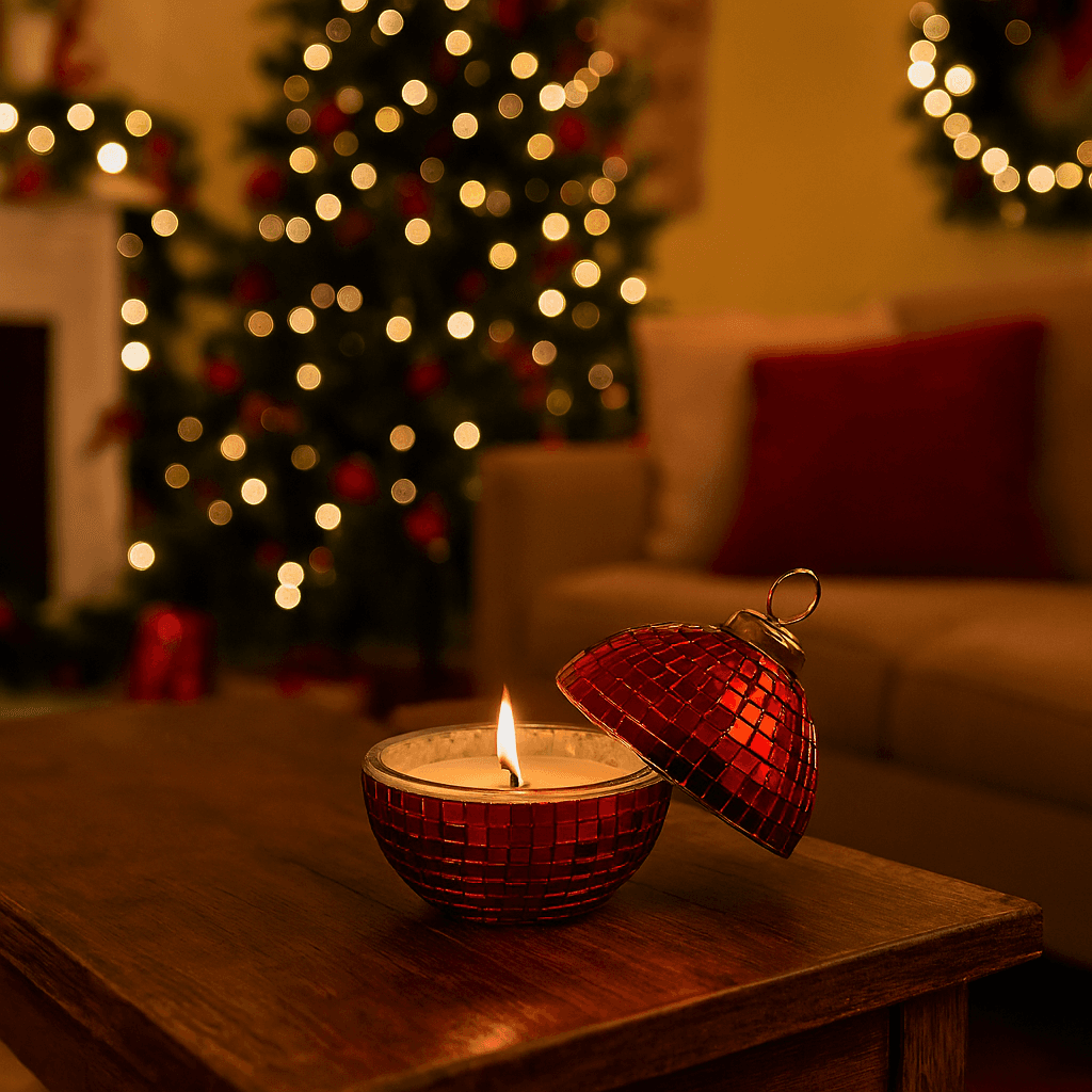 Candela profumata in cofanetto palla di vetro rossa per decorazioni natalizie Ø 8 cm in Diffusori di oli essenziali Decor Space - Altamura, commercioVirtuoso.it