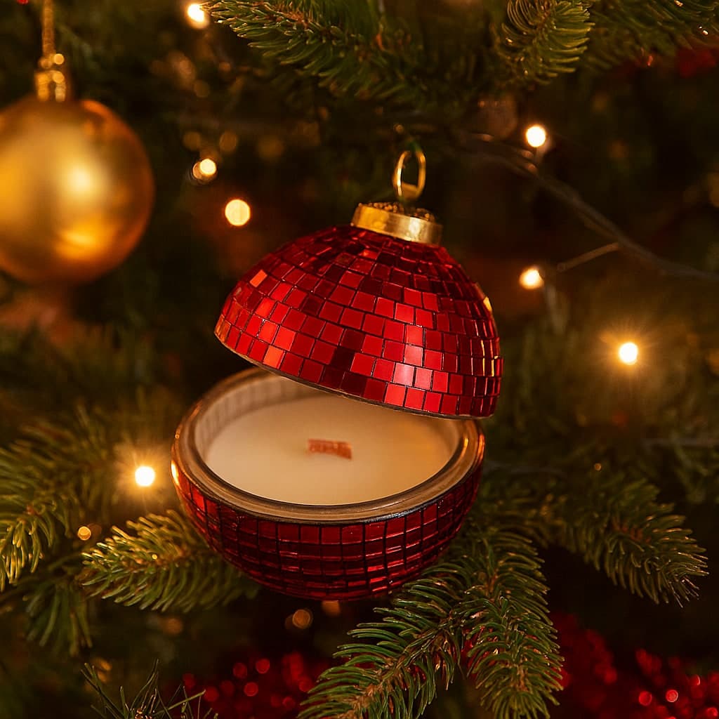 Candela profumata in cofanetto palla di vetro rossa per decorazioni natalizie Ø 8 cm in Diffusori di oli essenziali Decor Space - Altamura, commercioVirtuoso.it