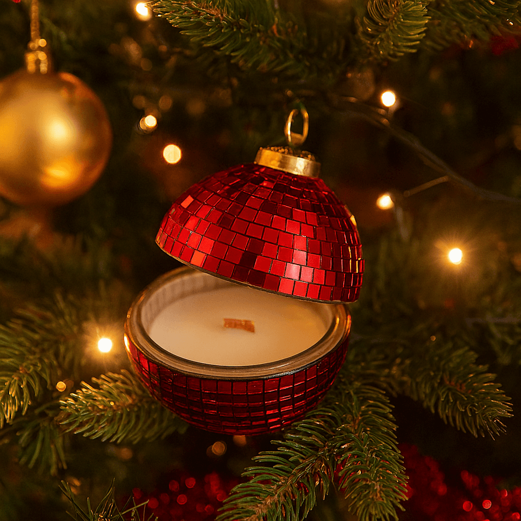Candela profumata in cofanetto palla di vetro rossa per decorazioni natalizie Ø 8 cm in Diffusori di oli essenziali Decor Space - Altamura, commercioVirtuoso.it