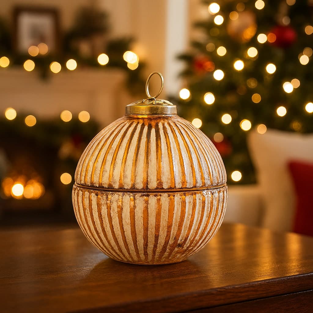 Candela profumata in cofanetto palla di vetro oro per decorazioni natalizie Ø 10 cm in Diffusori di oli essenziali Decor Space - Altamura, commercioVirtuoso.it