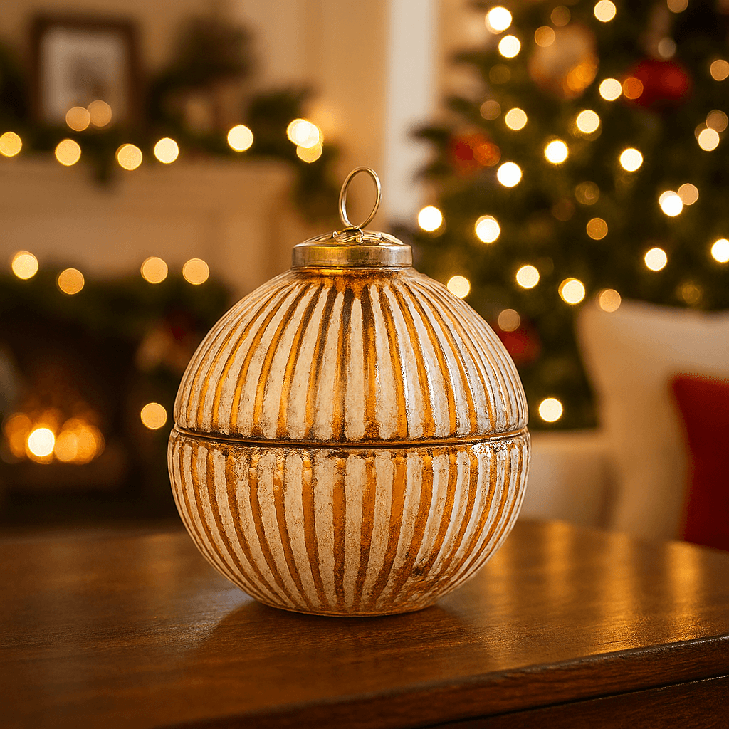Candela profumata in cofanetto palla di vetro oro per decorazioni natalizie Ø 10 cm in Diffusori di oli essenziali Decor Space - Altamura, commercioVirtuoso.it