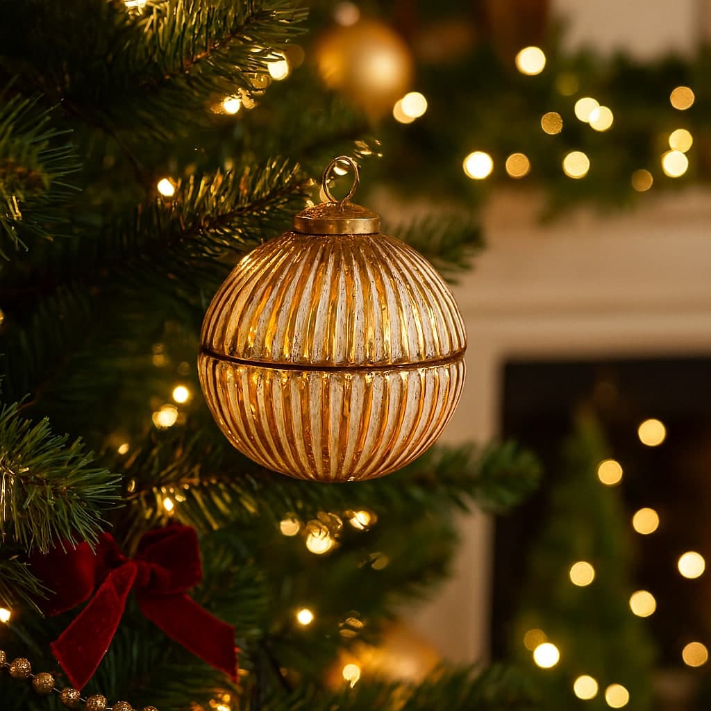 Candela profumata in cofanetto palla di vetro oro per decorazioni natalizie Ø 10 cm in Diffusori di oli essenziali Decor Space - Altamura, commercioVirtuoso.it