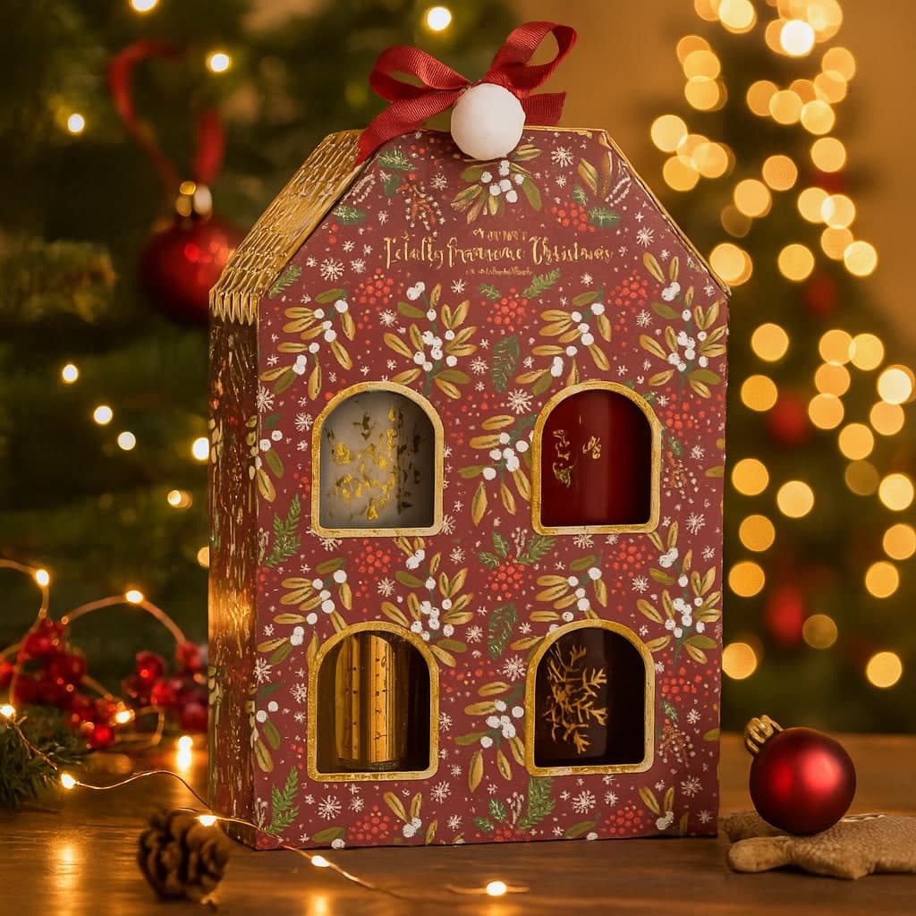 Casetta con 4 candele profumate in cera e vetro per profumazione ambienti in Candele a colonna Decor Space - Altamura, commercioVirtuoso.it