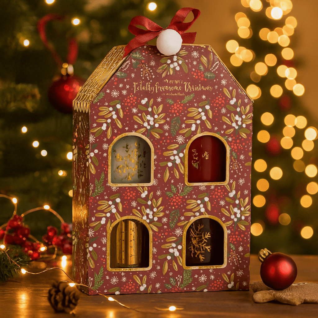 Casetta con 4 candele profumate in cera e vetro per profumazione ambienti in Candele a colonna Decor Space - Altamura, commercioVirtuoso.it