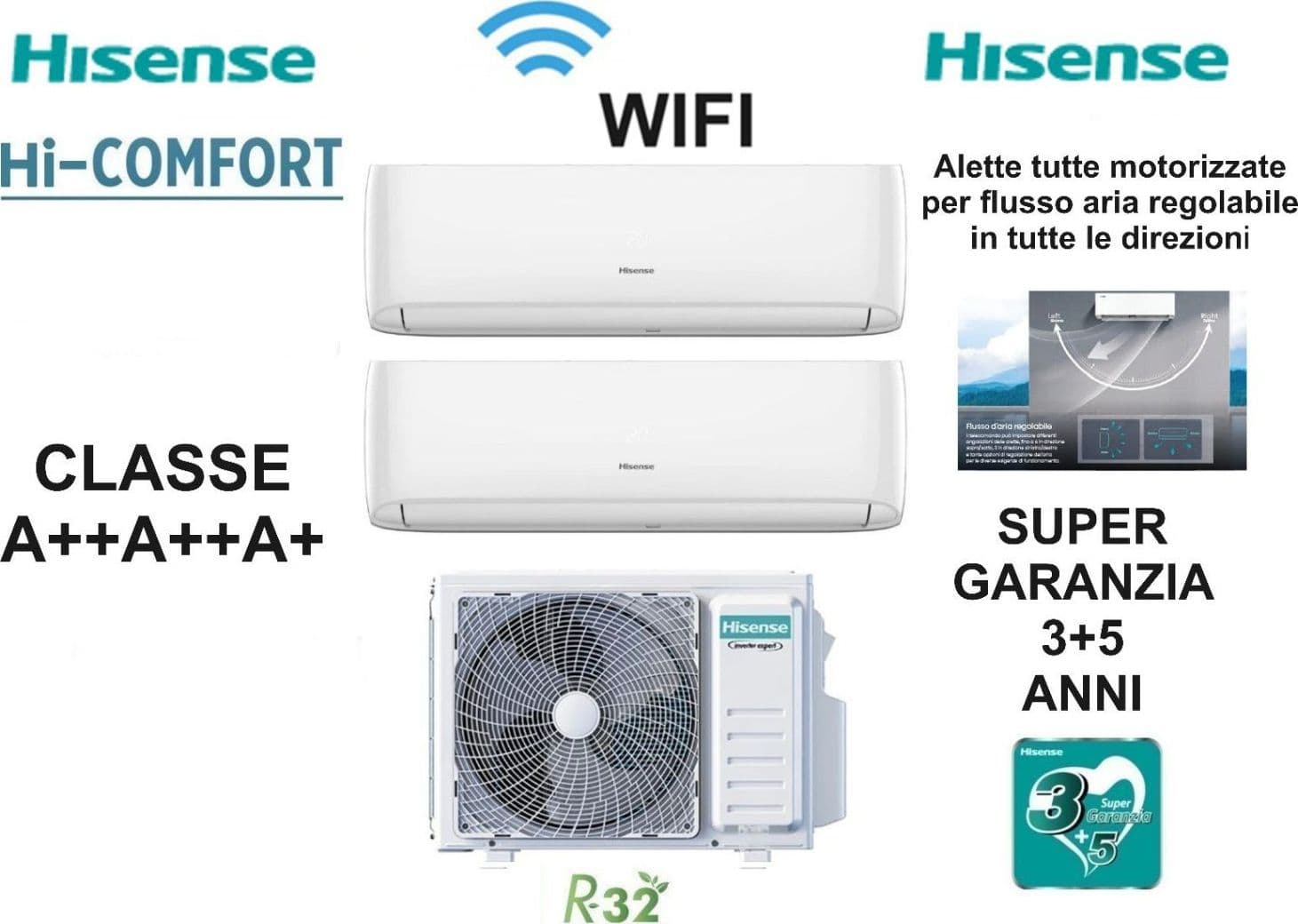 Hisense Climatizzatore Dual 9000BTU+9000BTU Pompa Calore A++/A+ WiFi Hi-Comfort Split Inverter 2AMW42U4RGC - 3