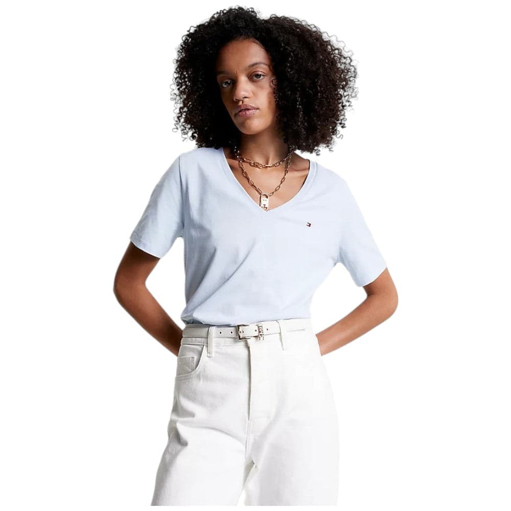 Tommy Hilfiger t-shirt scollo a V celeste logo piccolo WW0WW39781 - 6