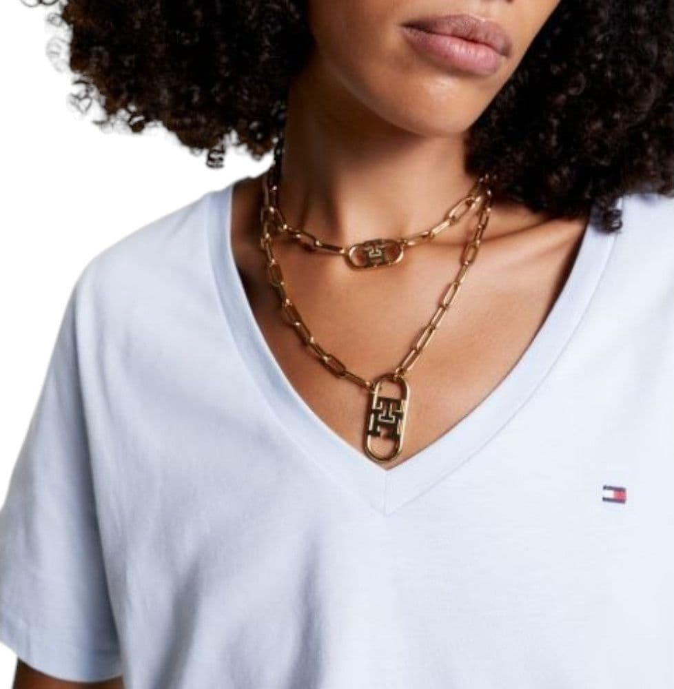 Tommy Hilfiger t-shirt scollo a V celeste logo piccolo WW0WW39781 T-shirt Tommy Hilfiger