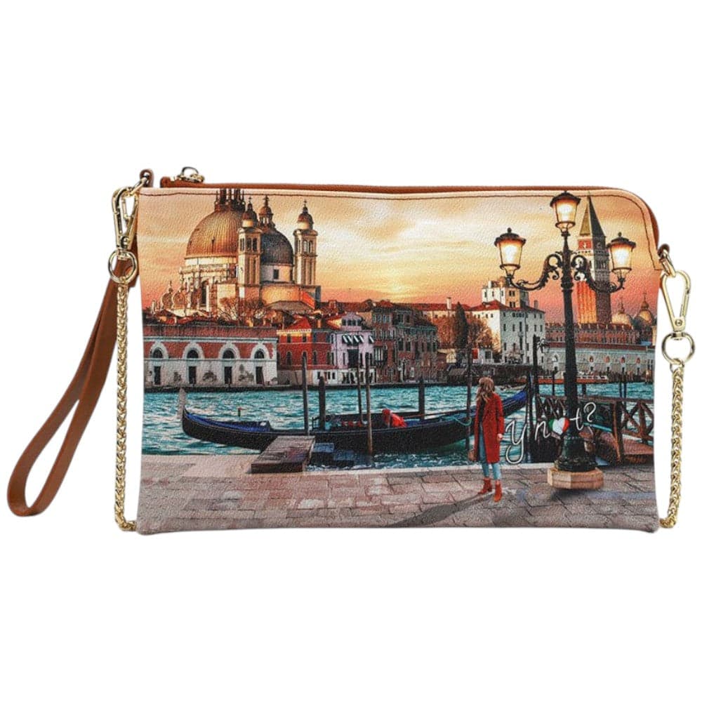 YNot borsa tracolla clutch similpelle con inserti pelle tracolla catena - 4