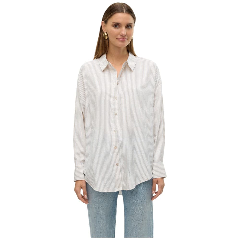 Vero Moda camicia over bianca beige a righe Nora 10319825 - 7