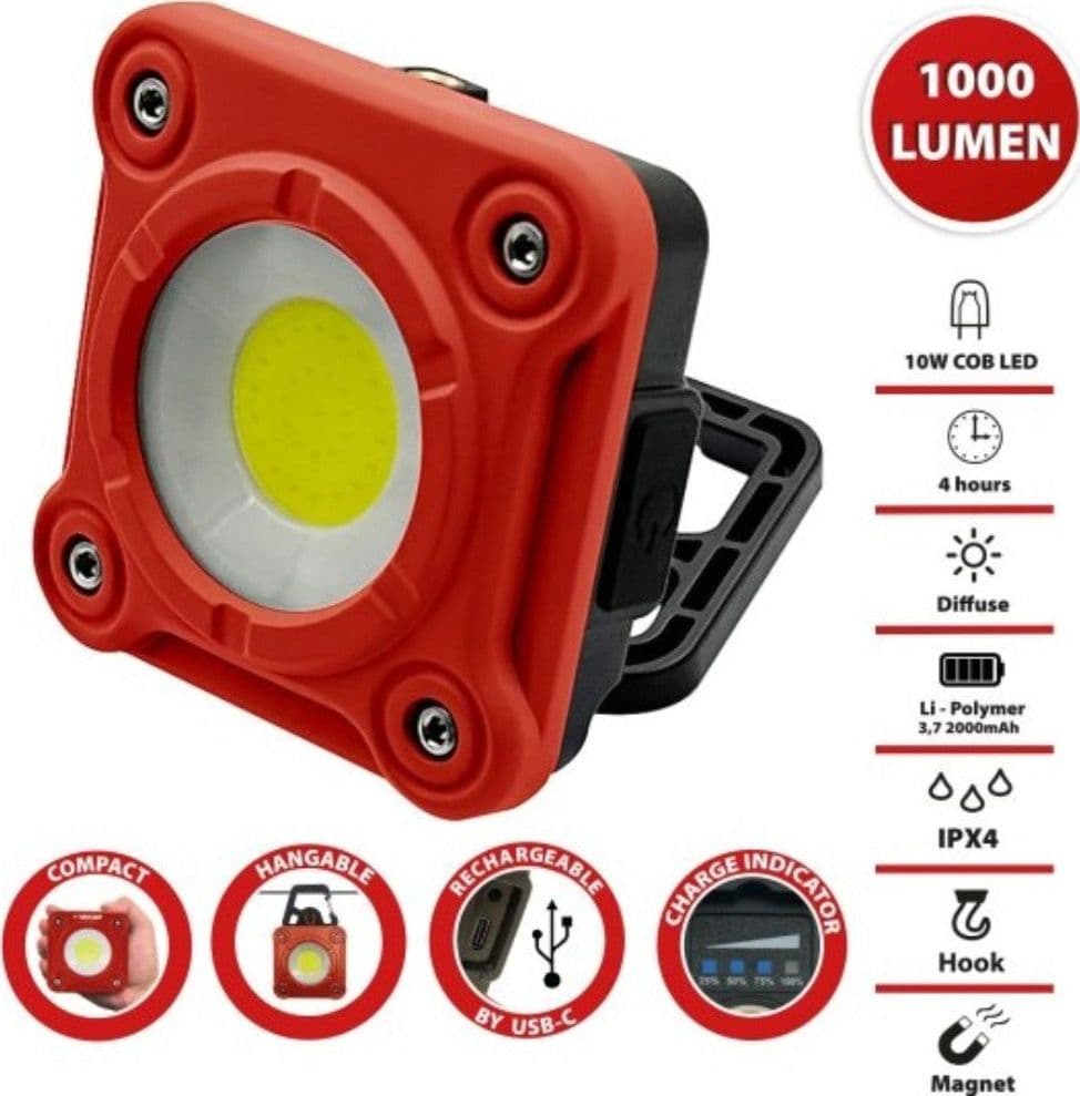 Proiettore Ricaricabile LED 10W, Torcia potente COB con Magnete, gancio e supporto orientabile. Impermeabile. Espositore 6pz.
