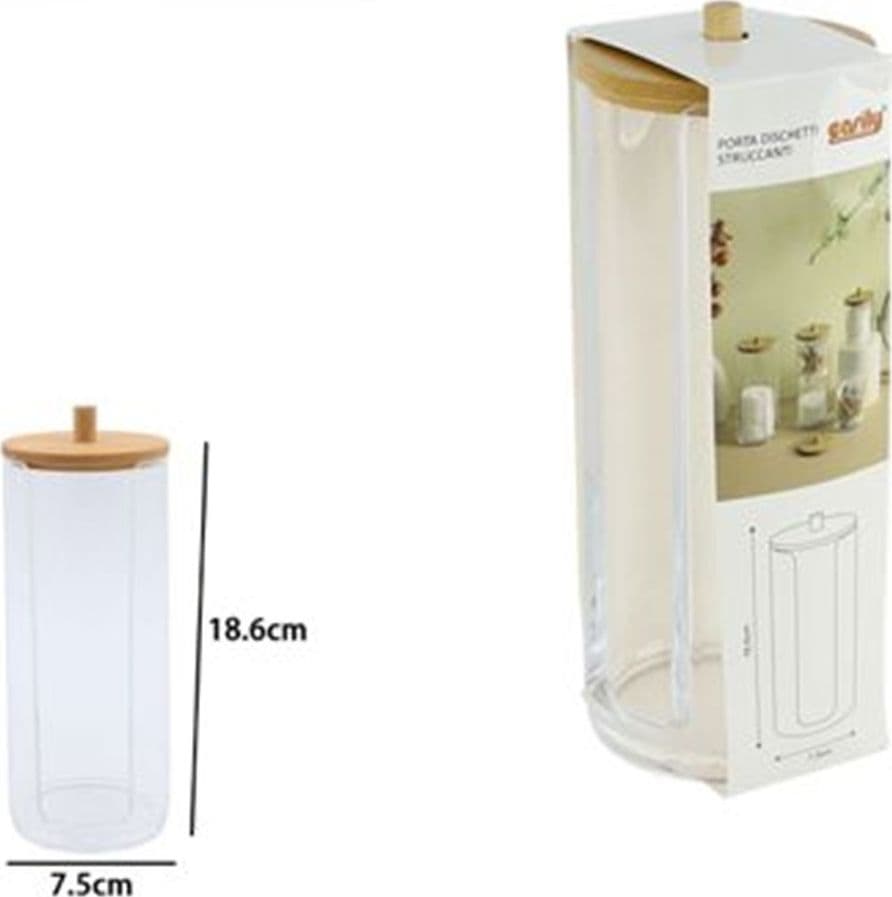 DISPENSER PORTA DISCHETTI STRUCCANTI TRASPARENTE CON COPERCHIO IN LEGNO 7.5X18.6CM 10824 - 9