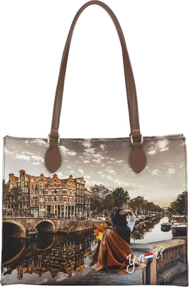 YNot borsa a spalla square shopping grande in ecopelle e pelle marrone - 4