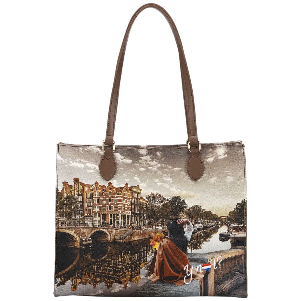 YNot borsa a spalla square shopping grande in ecopelle e pelle marrone - 4