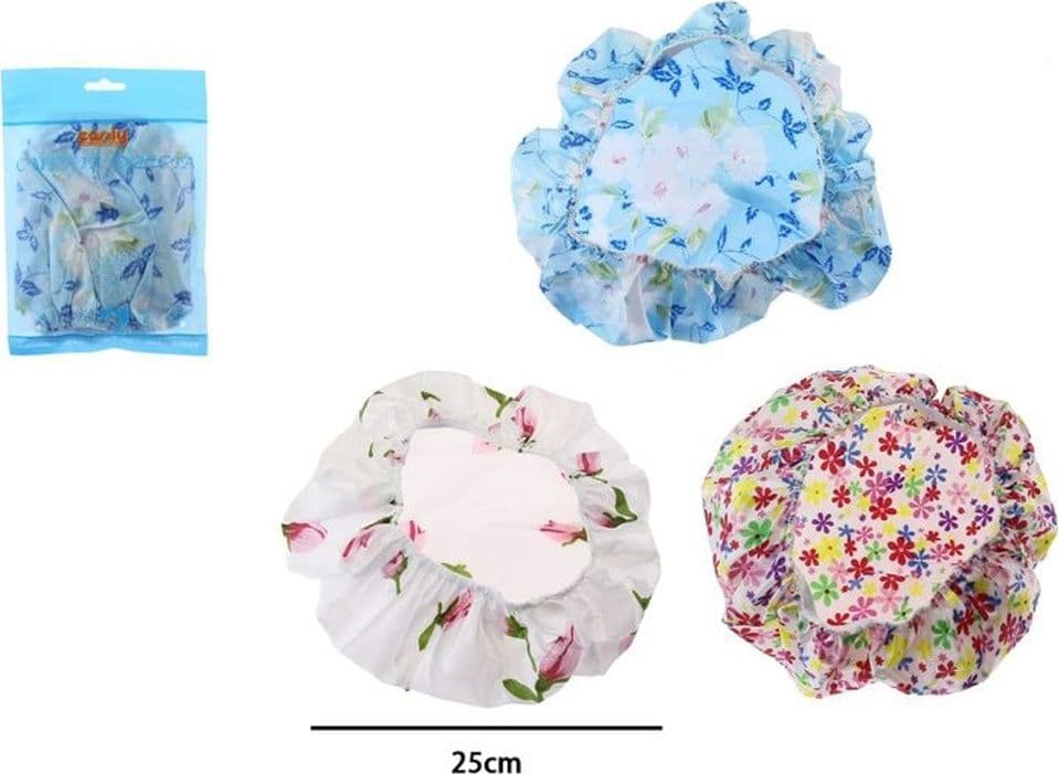SET 3PZ CUFFIA PER DOCCIA BAGNO FANTASIA FIORI COLORATI ELASTICO PROTEGGE CAPELLI 87178 - 2