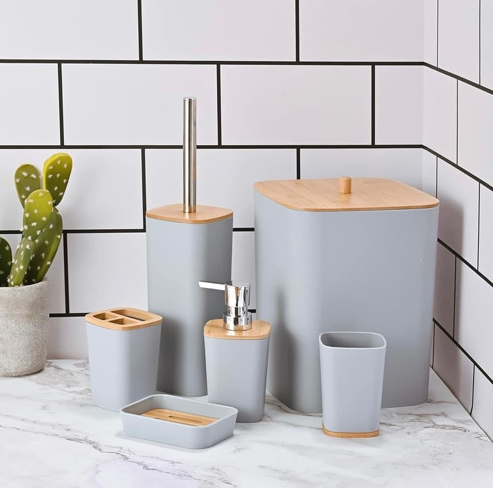 SET ACCESSORI BAGNO IN BAMBÙ 6 PZ MODERNO BIDONE SPAZZATURA PORTASAPONE DISPENSER - 11