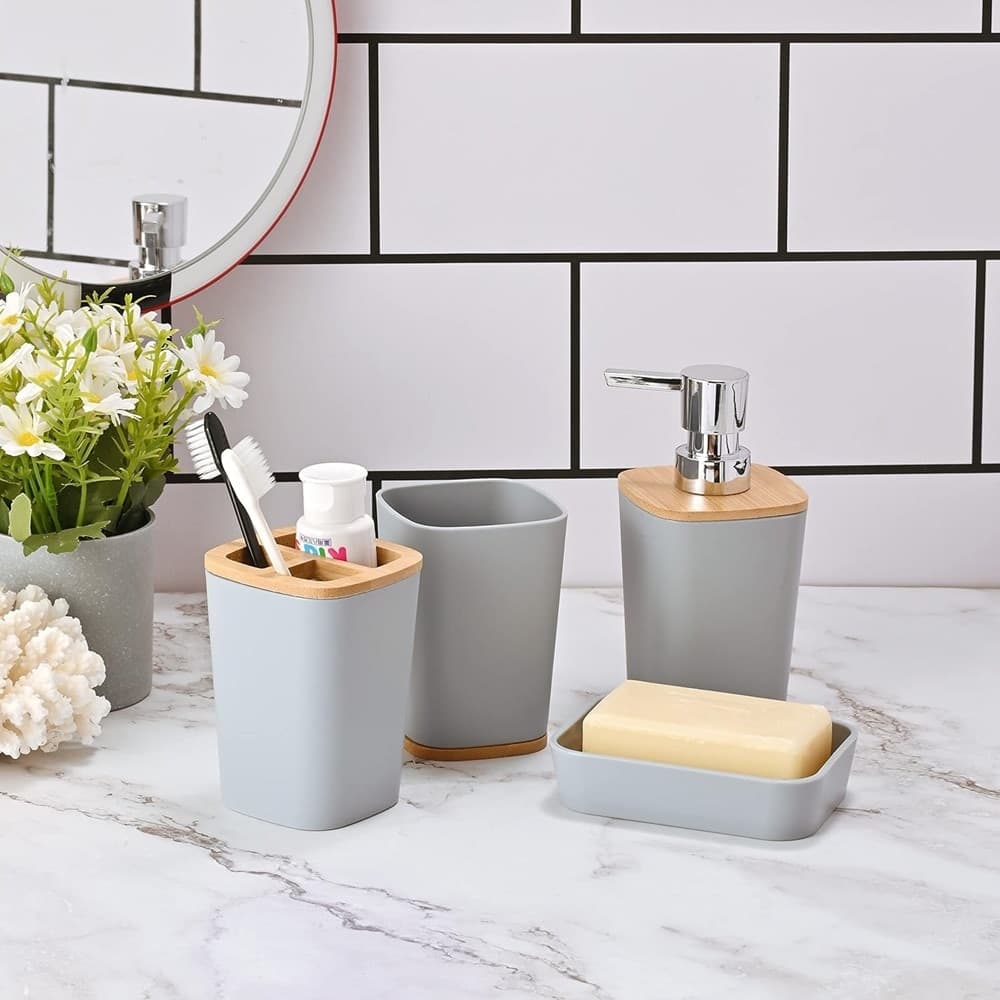 SET ACCESSORI BAGNO IN BAMBÙ 6 PZ MODERNO BIDONE SPAZZATURA PORTASAPONE DISPENSER - 12