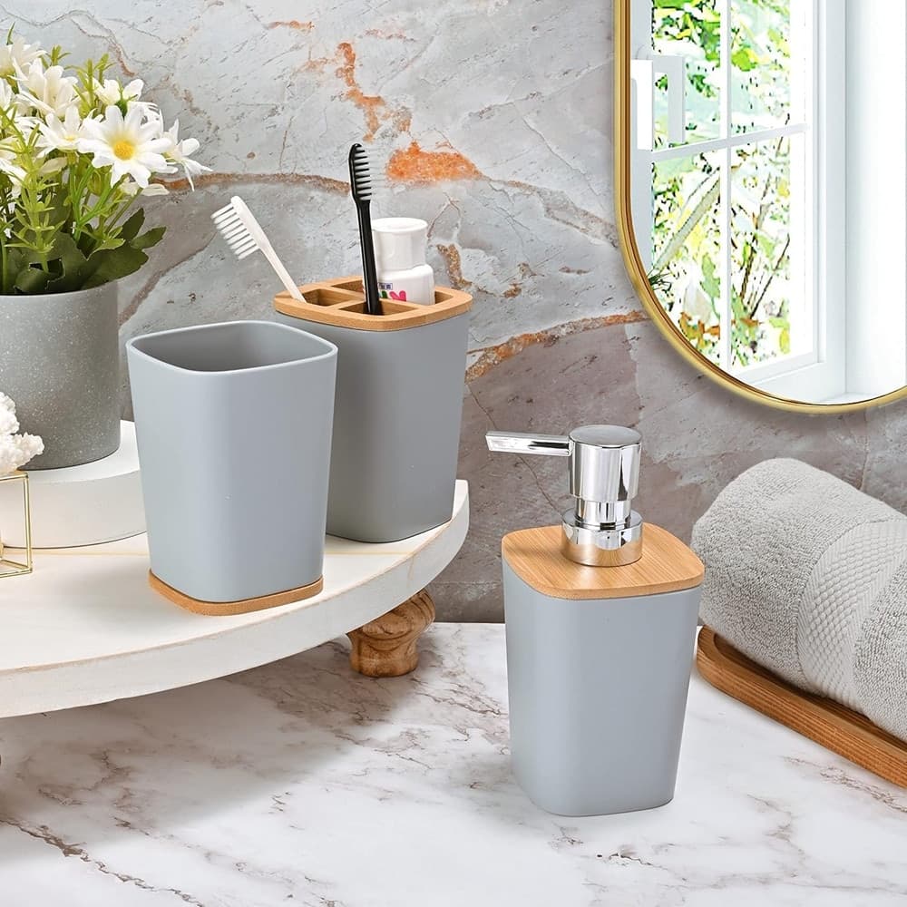SET ACCESSORI BAGNO IN BAMBÙ 6 PZ MODERNO BIDONE SPAZZATURA PORTASAPONE DISPENSER - 13