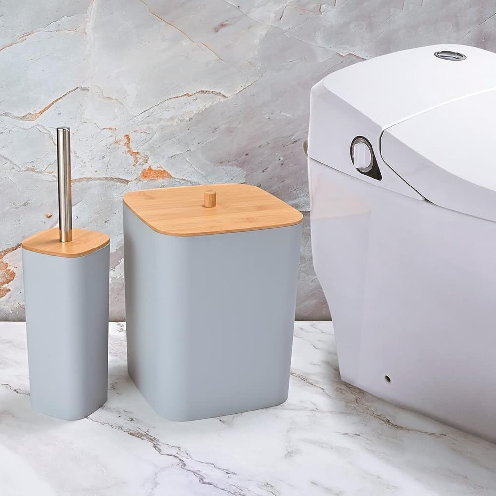 SET ACCESSORI BAGNO IN BAMBÙ 6 PZ MODERNO BIDONE SPAZZATURA PORTASAPONE DISPENSER - 14