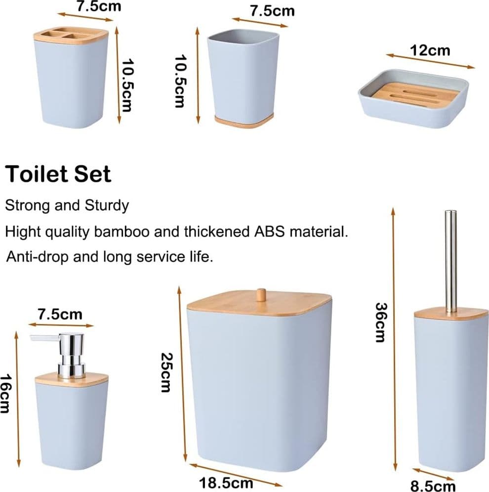 SET ACCESSORI BAGNO IN BAMBÙ 6 PZ MODERNO BIDONE SPAZZATURA PORTASAPONE DISPENSER - 15
