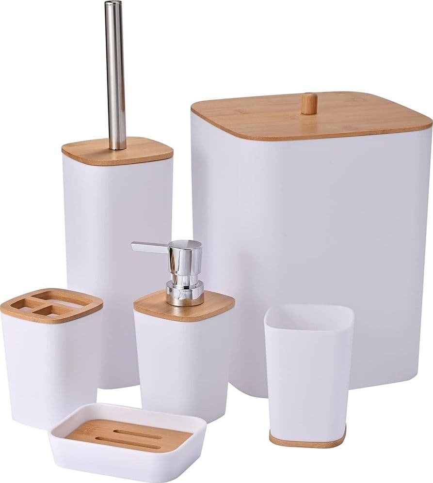 SET ACCESSORI BAGNO IN BAMBÙ 6 PZ MODERNO BIDONE SPAZZATURA PORTASAPONE DISPENSER - 17