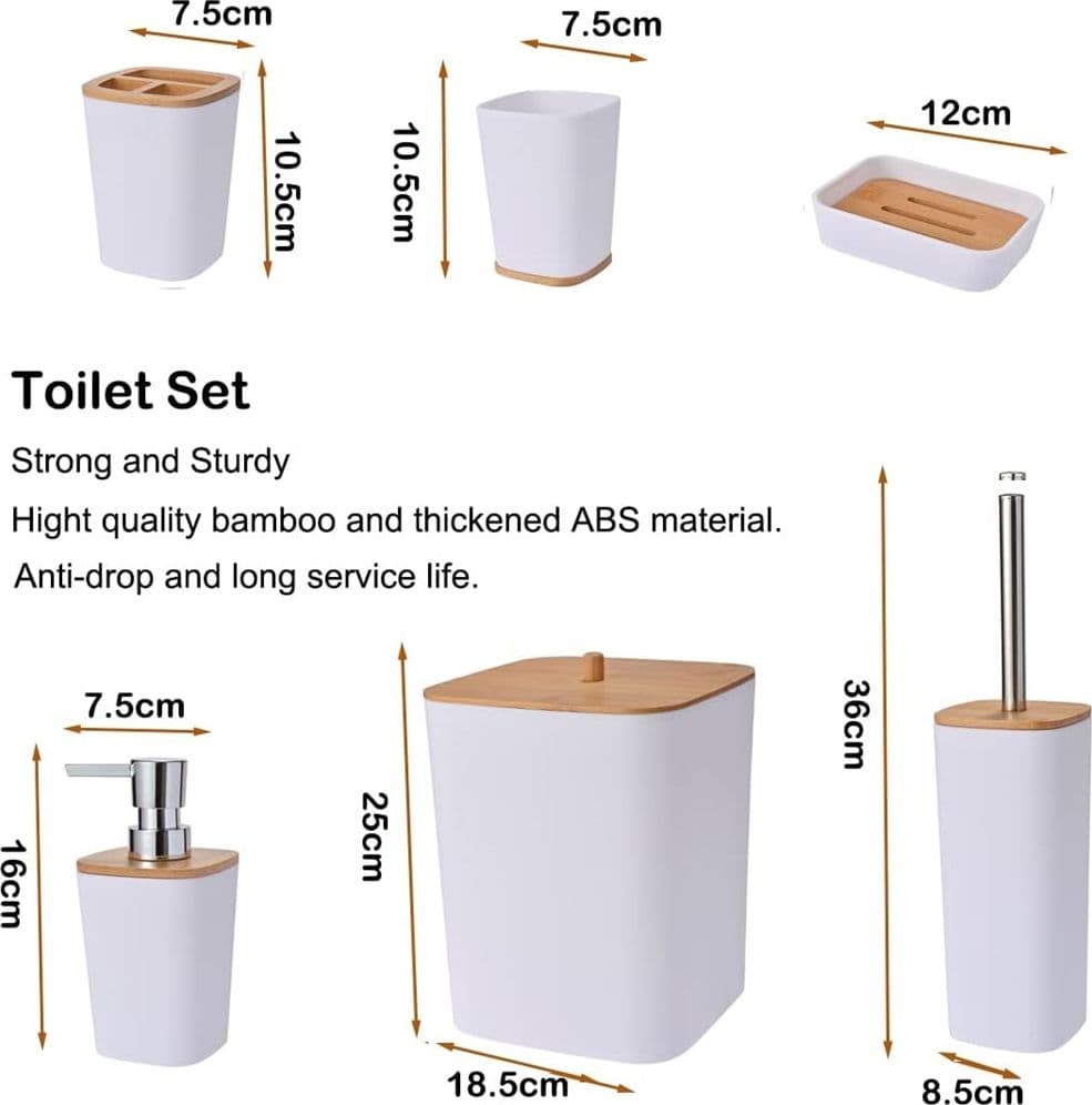 SET ACCESSORI BAGNO IN BAMBÙ 6 PZ MODERNO BIDONE SPAZZATURA PORTASAPONE DISPENSER - 18