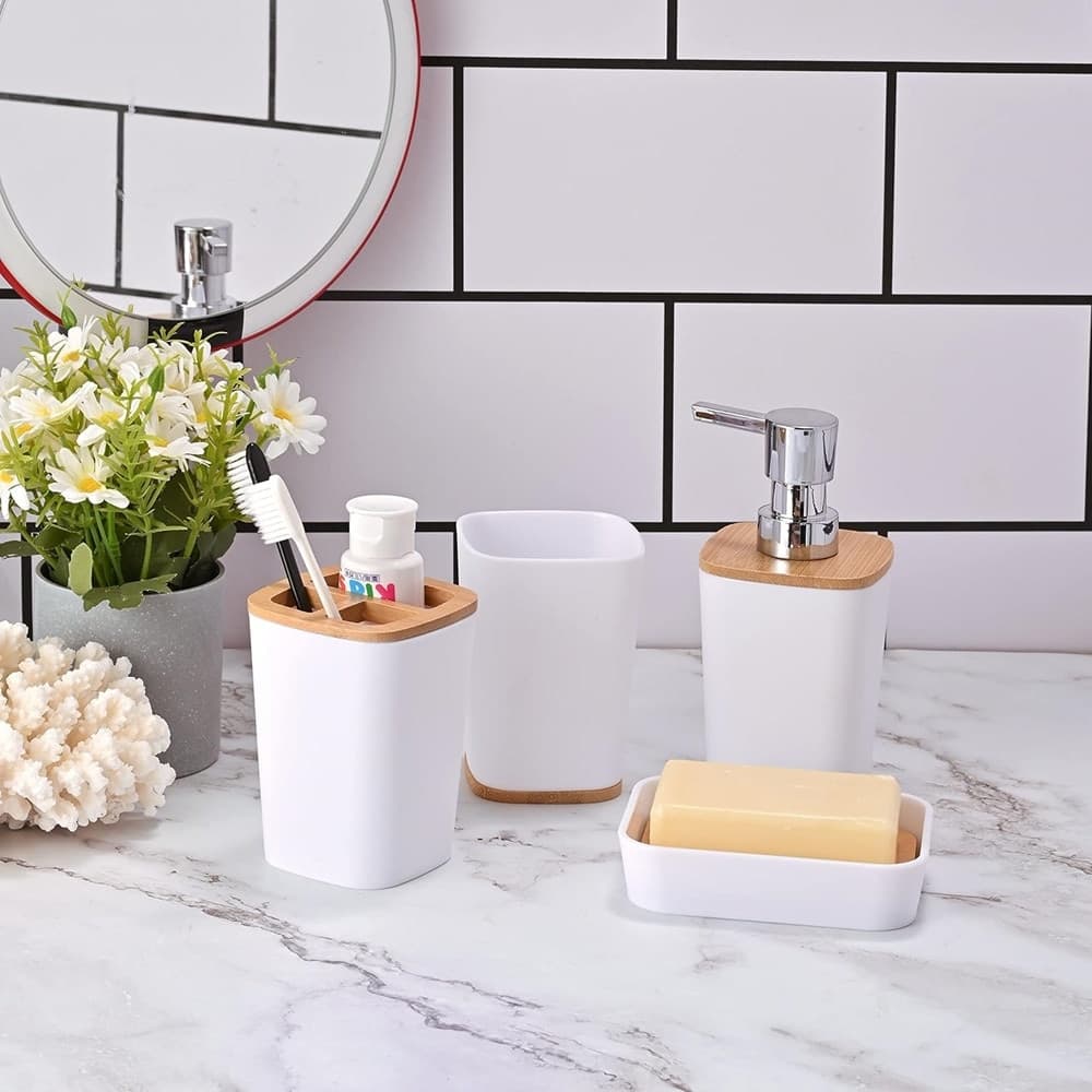 SET ACCESSORI BAGNO IN BAMBÙ 6 PZ MODERNO BIDONE SPAZZATURA PORTASAPONE DISPENSER - 19
