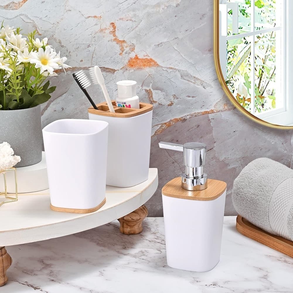 SET ACCESSORI BAGNO IN BAMBÙ 6 PZ MODERNO BIDONE SPAZZATURA PORTASAPONE DISPENSER - 20