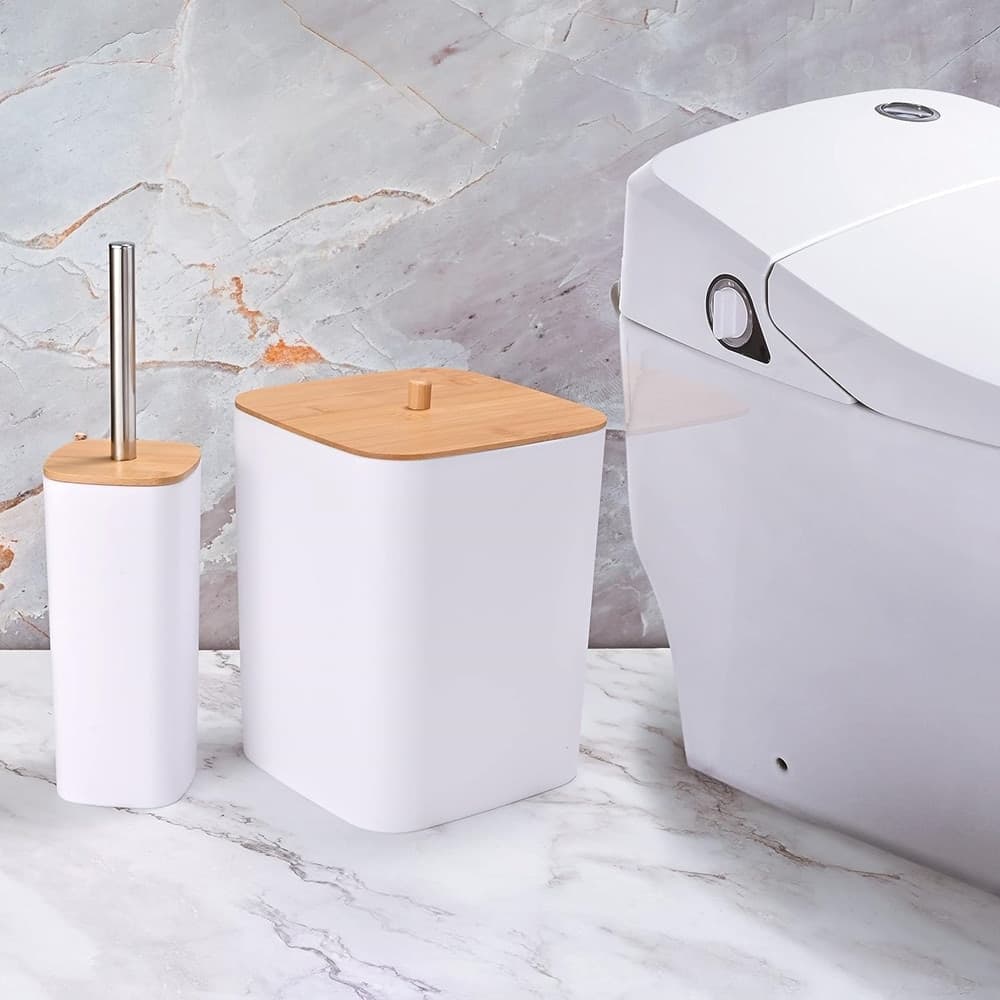 SET ACCESSORI BAGNO IN BAMBÙ 6 PZ MODERNO BIDONE SPAZZATURA PORTASAPONE DISPENSER - 21