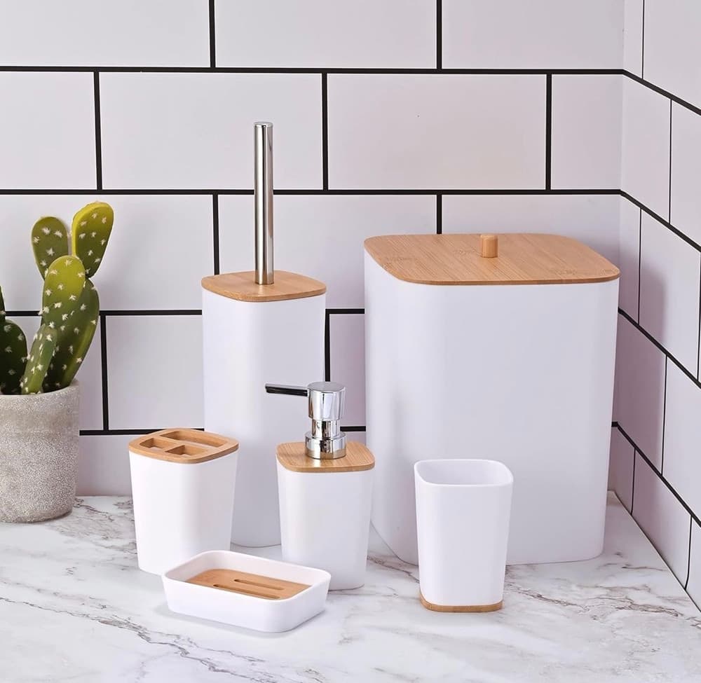 SET ACCESSORI BAGNO IN BAMBÙ 6 PZ MODERNO BIDONE SPAZZATURA PORTASAPONE DISPENSER - 23