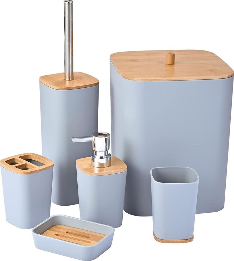 SET ACCESSORI BAGNO IN BAMBÙ 6 PZ MODERNO BIDONE SPAZZATURA PORTASAPONE DISPENSER - 10