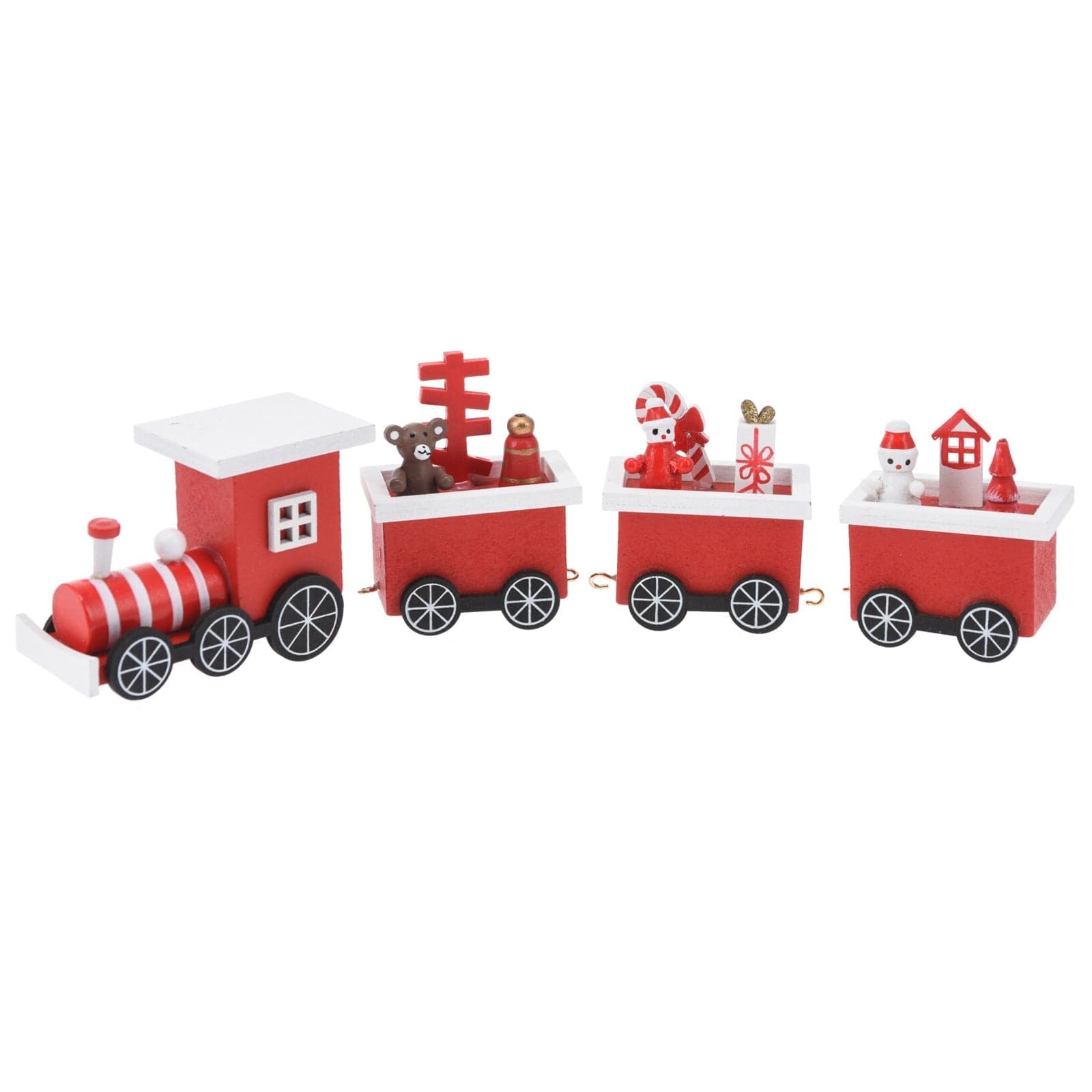 Treno decorativo con vagoni in legno colore rosso decorazione natalizia