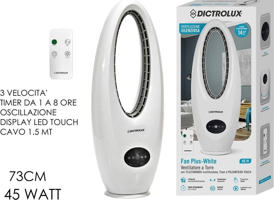 VENTILATORE A TORRE SENZA PALE FAN PLUS-WHITE 45 W SILENZIOSO 3 VELOCITÀ DISPLAY LED - 3