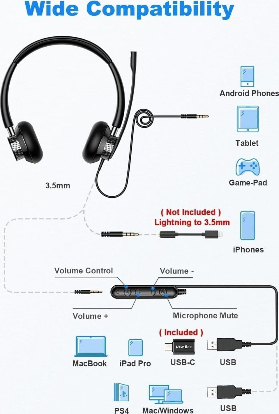 New bee Cuffie con Microfono, Cuffie con Filo PC, Cuffie Stereo da 3.5 mm Tipo C - 7