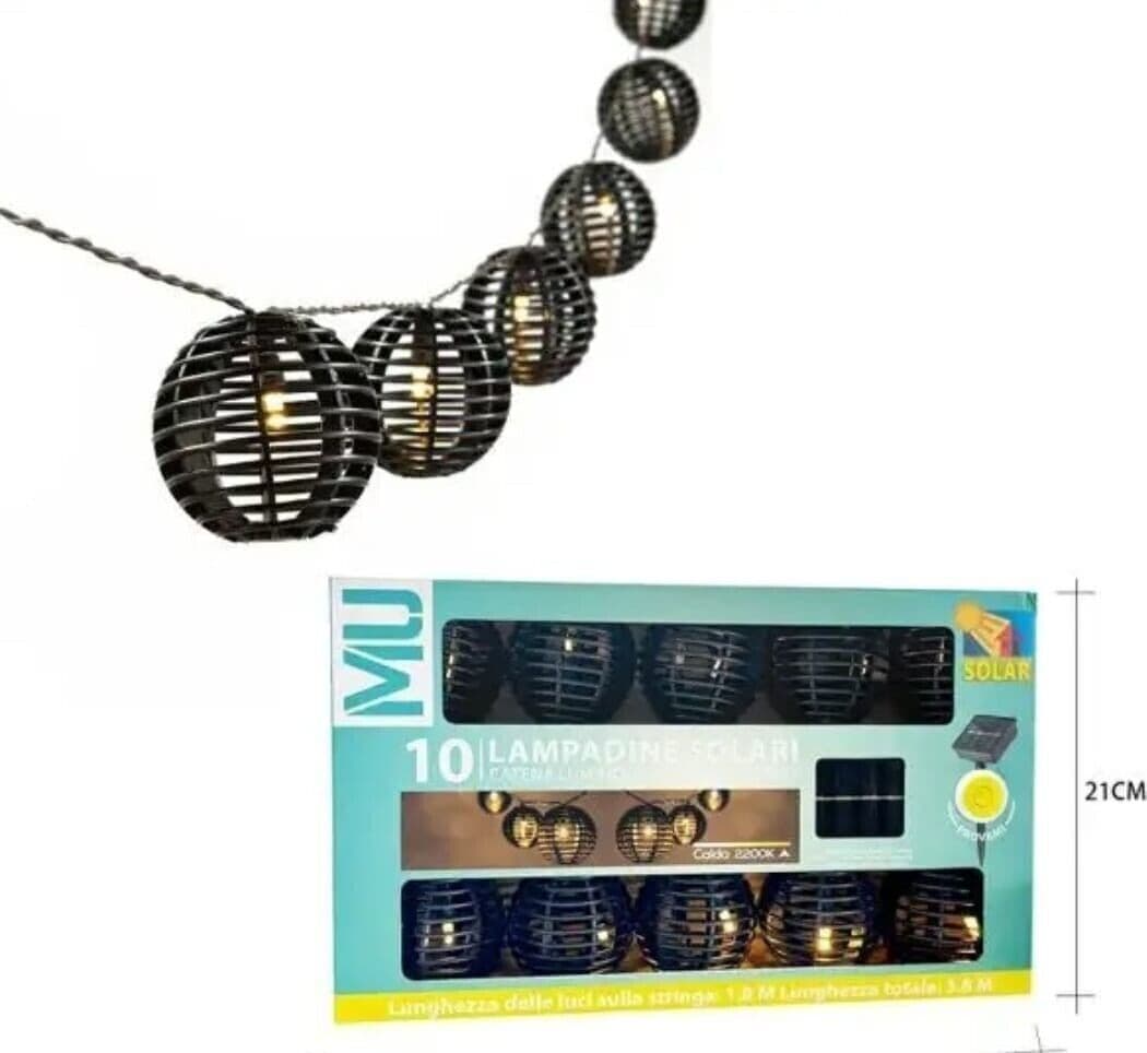 Luci solari da giardino nere con 10 lanterne in corda di canapa naturale in Catene luminose CL Store - Battipaglia, commercioVirtuoso.it