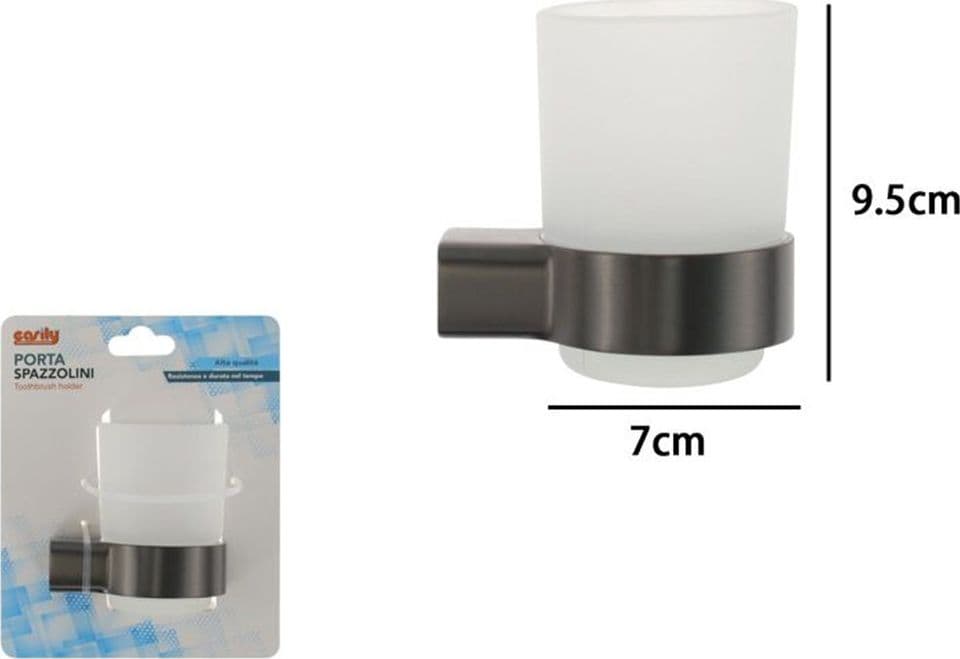 PORTA SPAZZOLINI PARETE STILIZZATO ACCIAIO GRIGIO CON BICCHIERE VETRO SATINATO BAGNO 87938 - 2