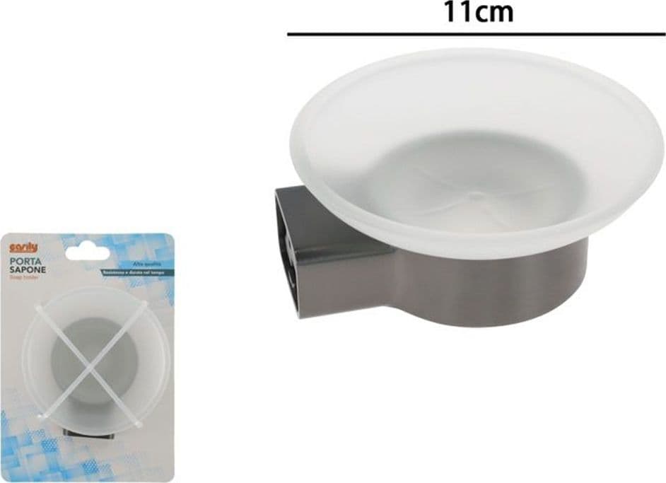 PORTA SAPONE PARETE STILIZZATO ACCIAIO GRIGIO CON PIATTINO VETRO SATINATO BAGNO 87937 - 2