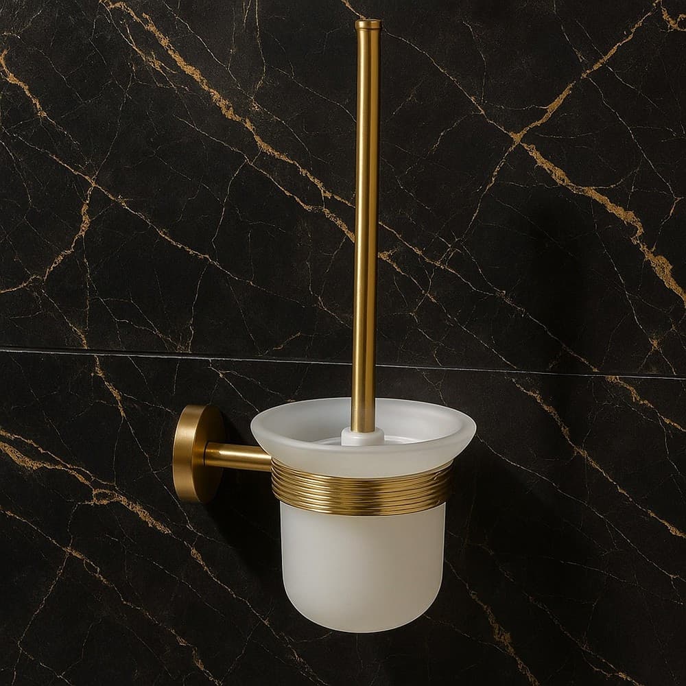 PORTA SCOPINO PER WC IN ACCIAIO ORO CON BICCHIERE VETRO SATINATO ACCESSORIO BAGNO 87935 - 3