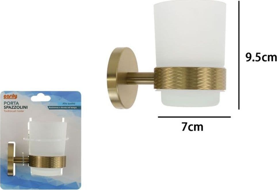 PORTA SPAZZOLINI DA DENTI IN ACCIAIO ORO CON BICCHIERE VETRO SATINATO BAGNO 87928 - 5