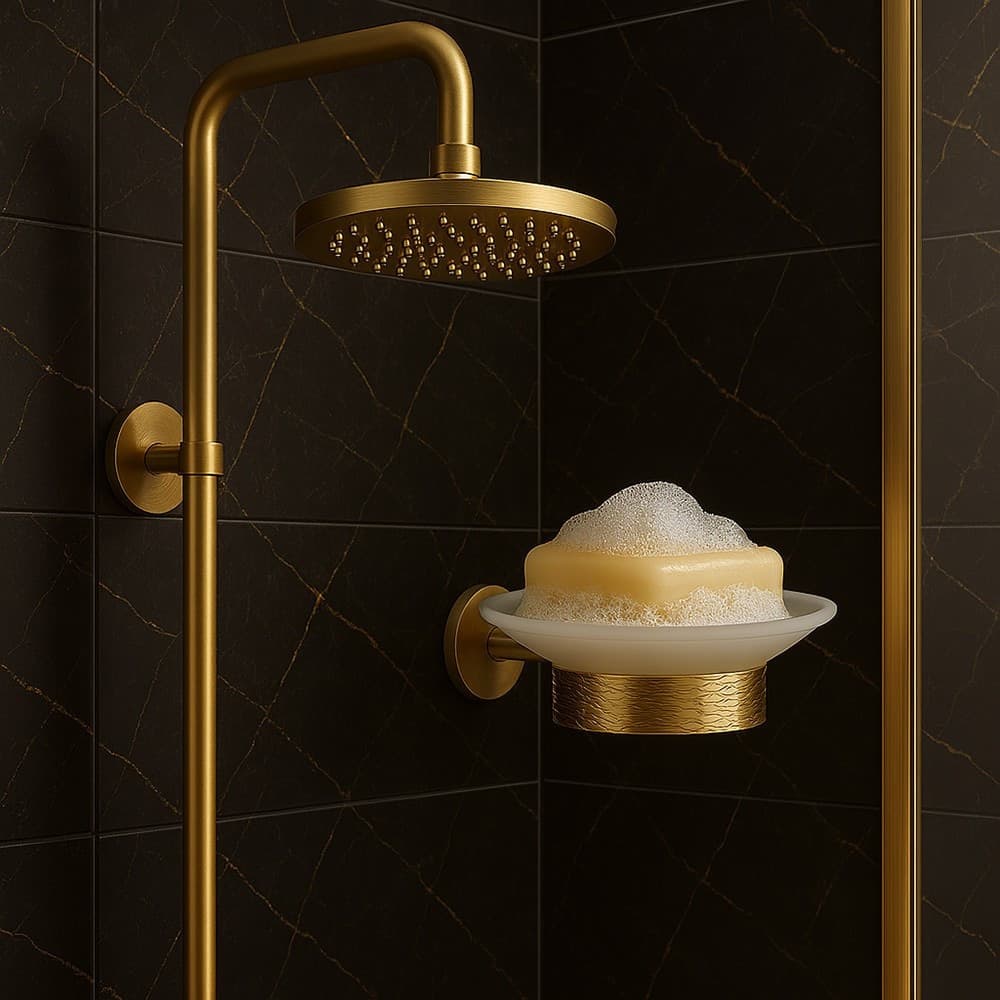 PORTA SAPONE IN ACCIAIO ORO CON PIATTINO VETRO SATINATO ACCESSORIO DA BAGNO 87927 - 3