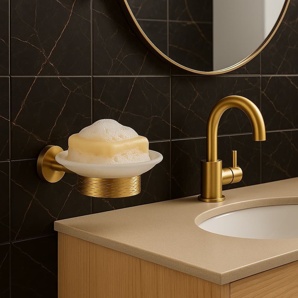 PORTA SAPONE IN ACCIAIO ORO CON PIATTINO VETRO SATINATO ACCESSORIO DA BAGNO 87927 - 4
